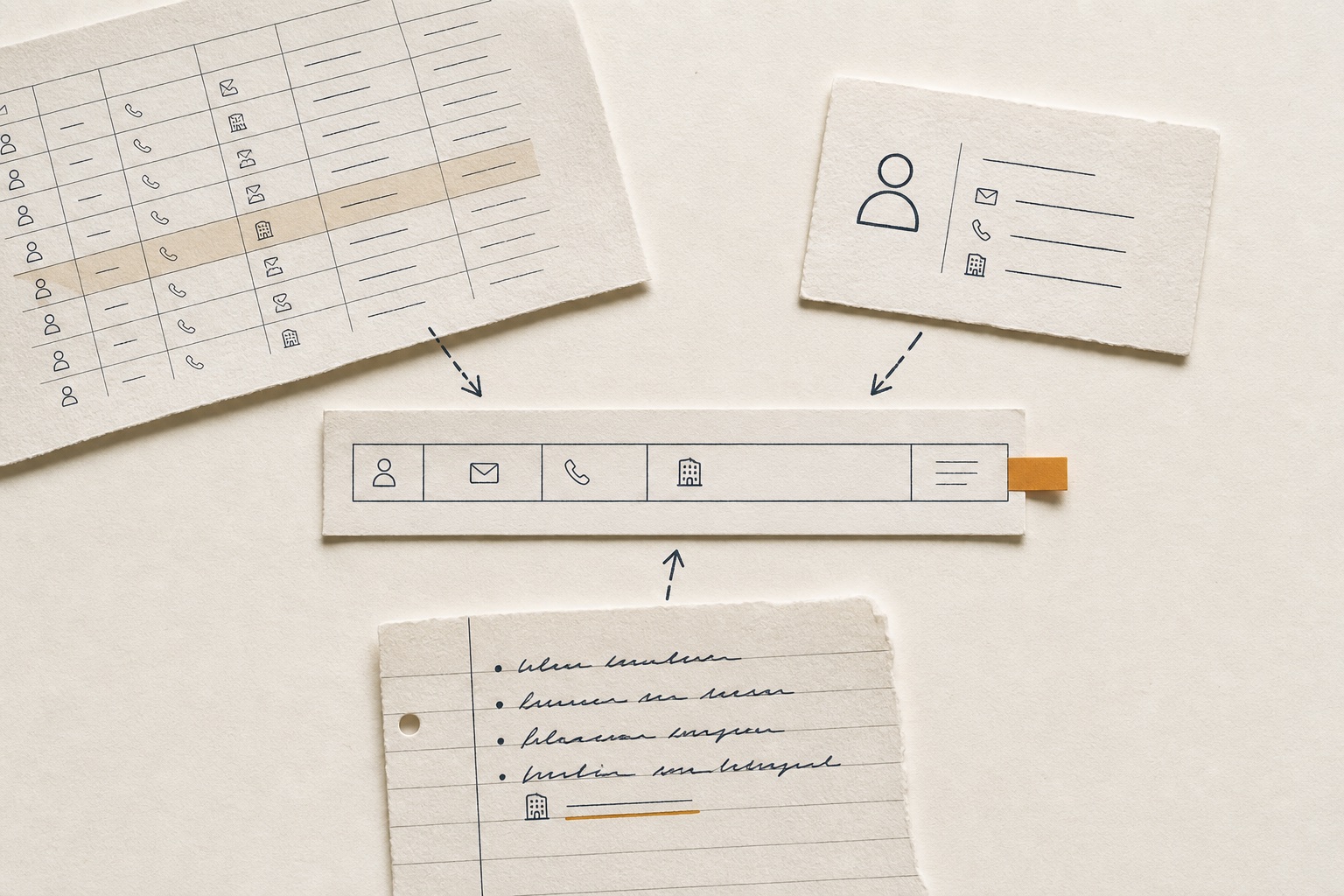 A spreadsheet, contact card and meeting note converge on one customer row marked for review