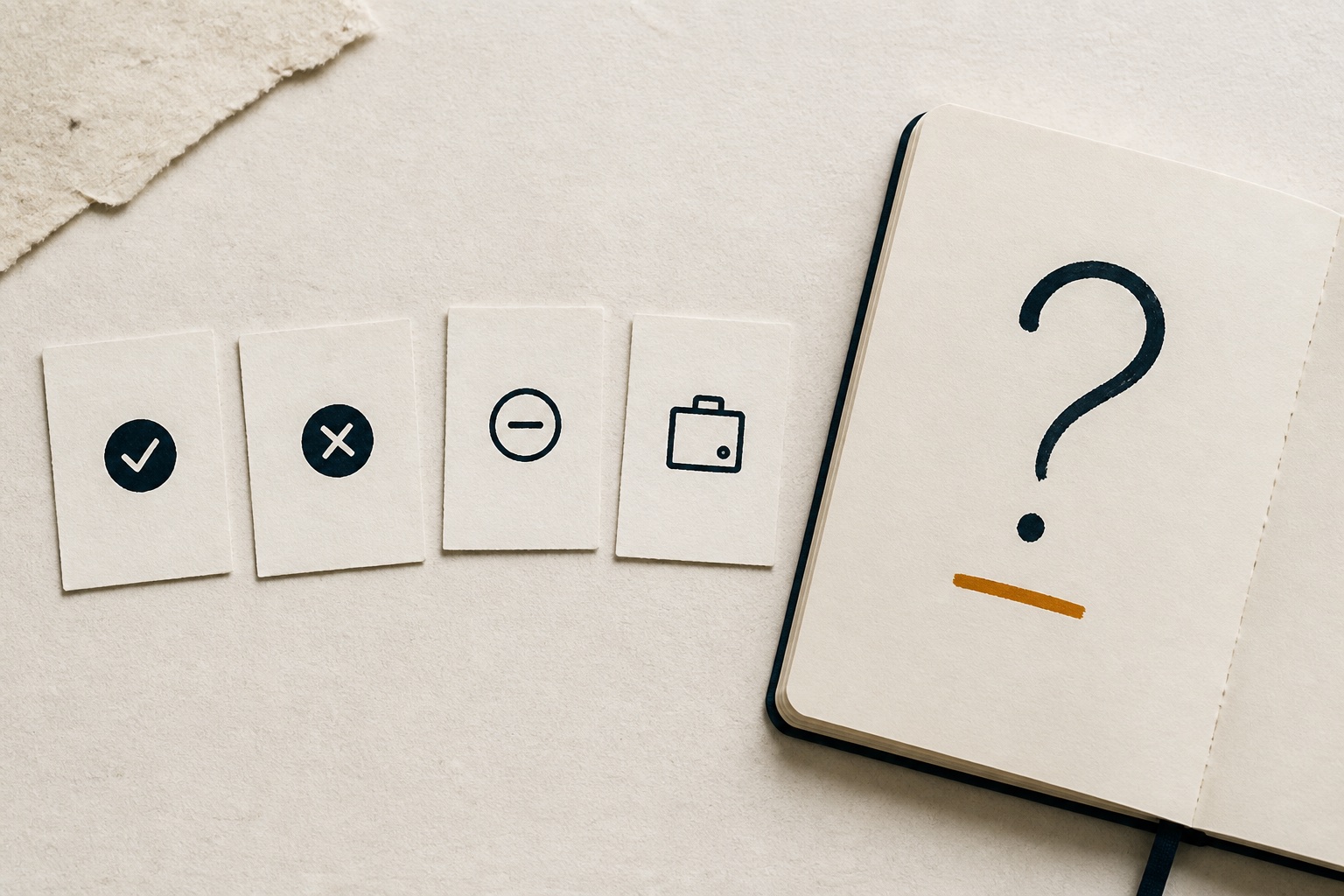 Four mixed response cards sit beside a notebook opened to a question mark