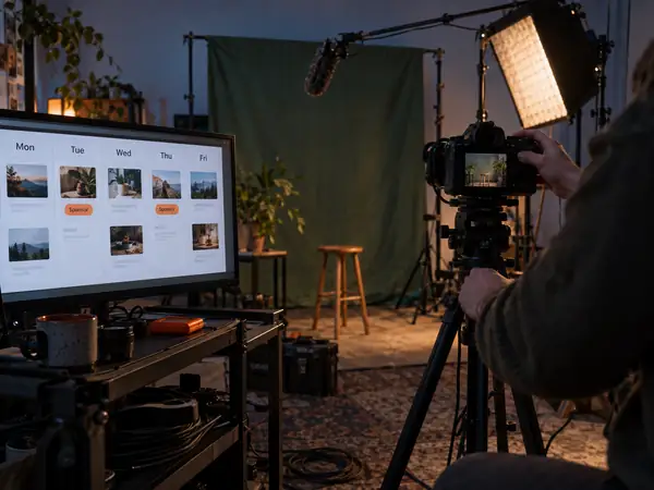 Creator adjusting a camera in a filming studio beside a weekly content calendar on a rolling cart