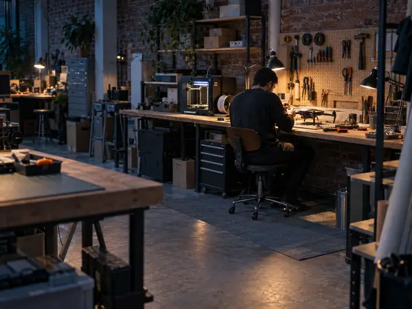 Maker working on a drone at a bench in a wide brick product design studio
