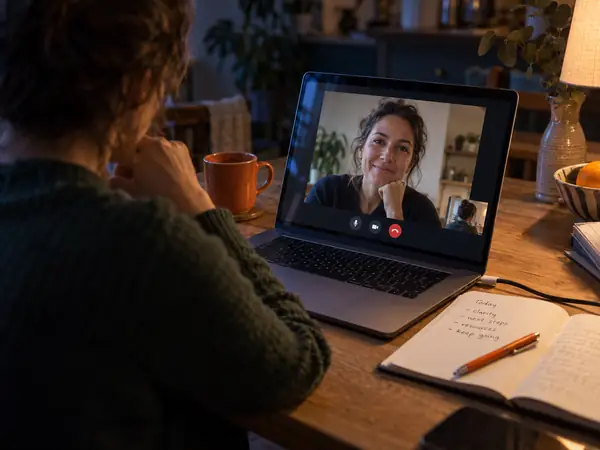 Coach at a kitchen table speaking with a client on a laptop video call