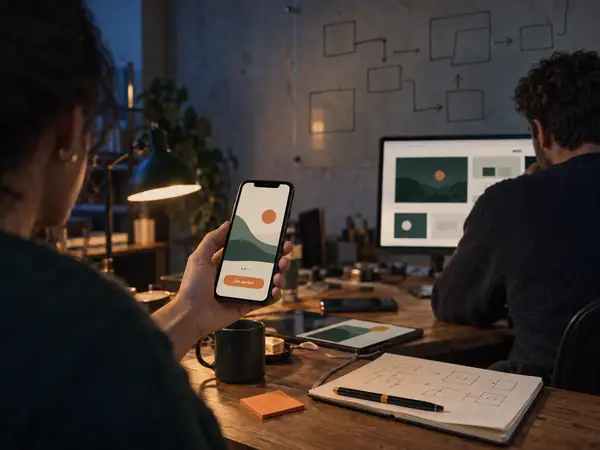 Founder showing a new mobile app on a phone to a teammate at a loft office desk with user-flow sketches